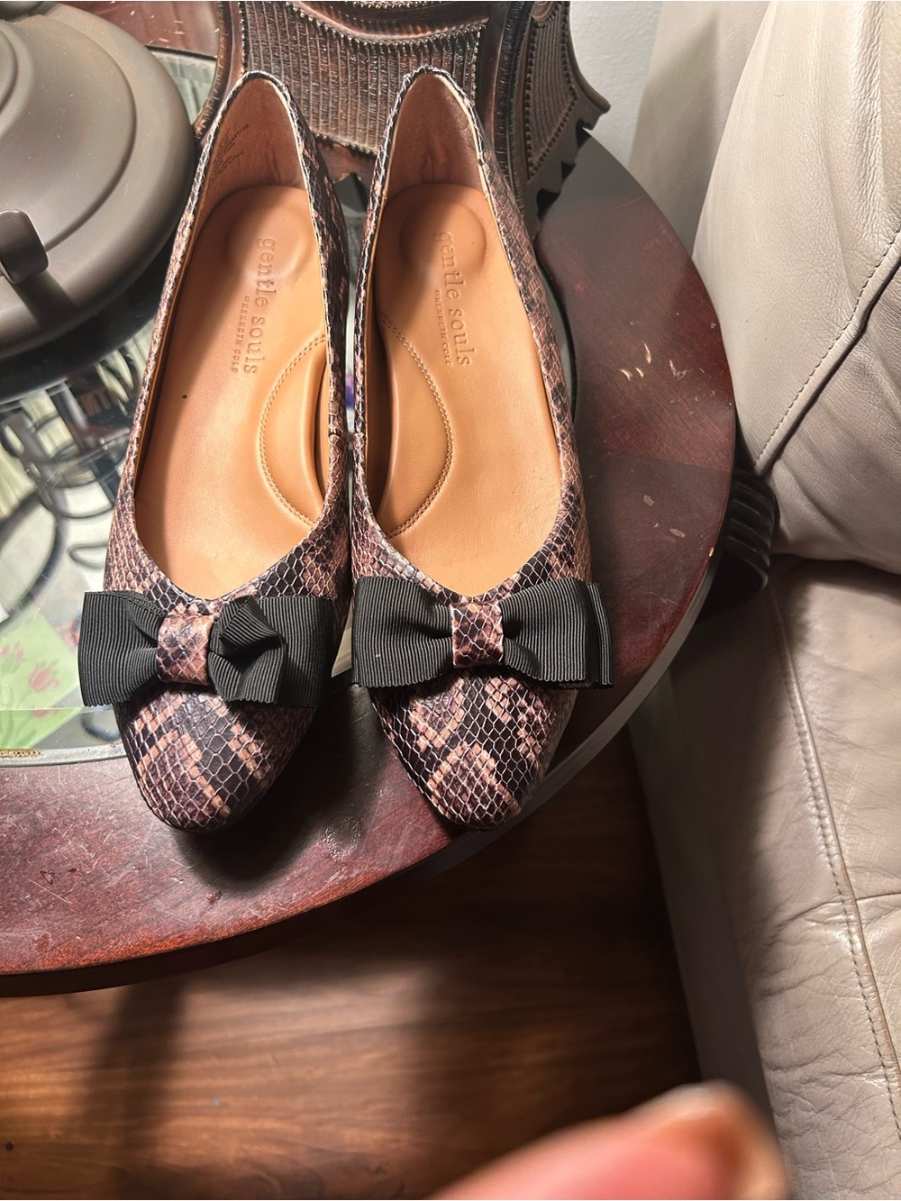 gentle souls Brown & Pink Snake-Print Pointed Bow Flats
